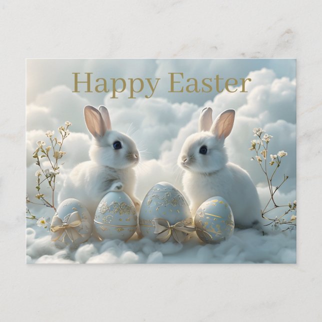 Ostern Postkarte Zwei Kaninchen & Verzierte Ostere (Vorderseite)