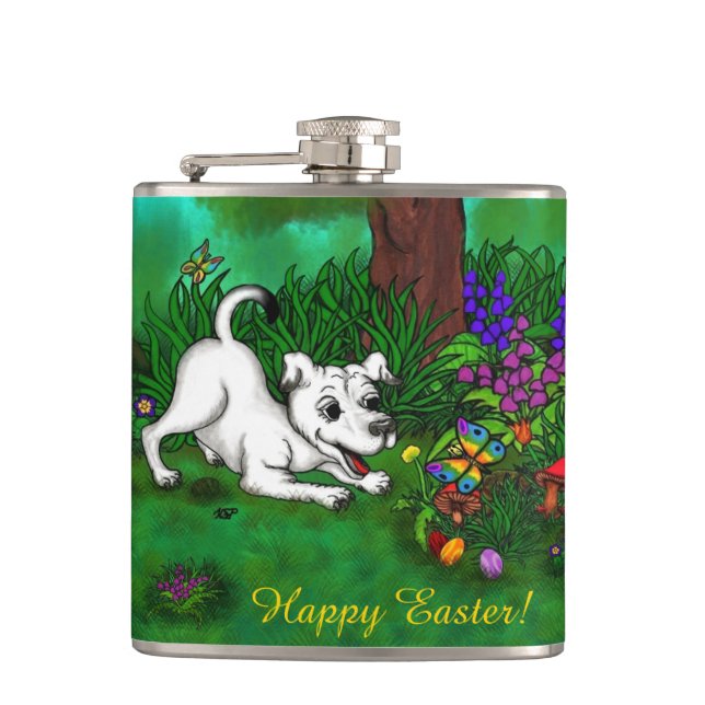 Ostern - Welpe Capo and Butterfly Flachmann (Vorderseite)