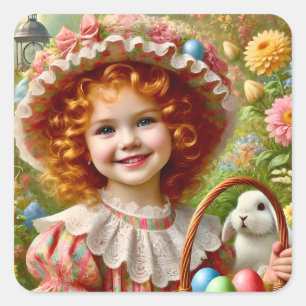 OSTERN ~WOW! VINTAGE GIRL ~  QUADRATISCHER AUFKLEBER