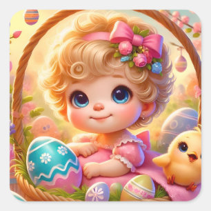 OSTERN ~WOW! VINTAGE GIRL ~ QUADRATISCHER AUFKLEBER