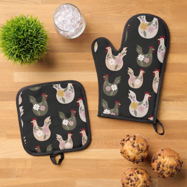 Osternahtloses Muster mit Huhn. Ofenhandschuh & Topflappen-Set (Oben Unten)