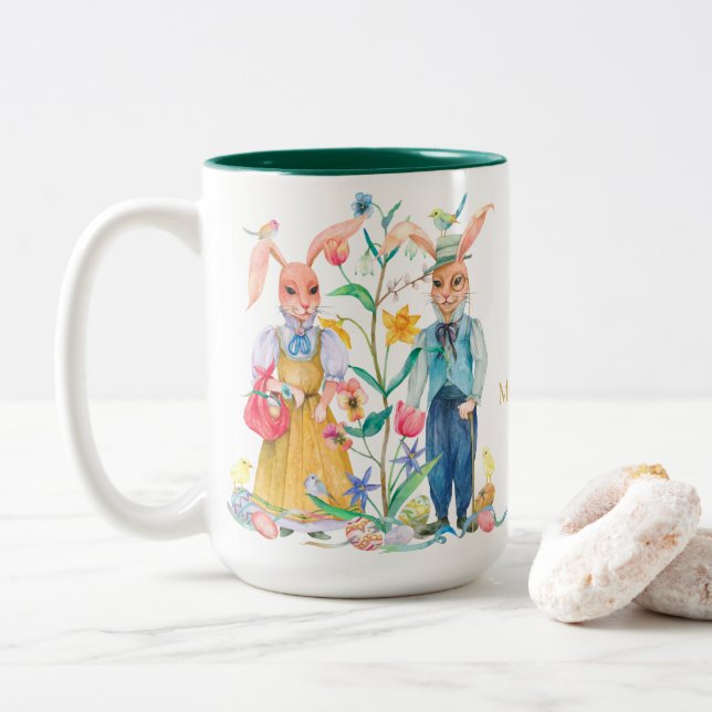 OsterNiedliche Kaninchen Frühlingsblumen Monogramm Zweifarbige Tasse (Mit Donut)