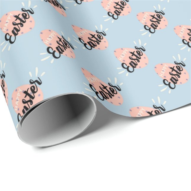 Osterpapier mit rosa Ostereiern auf hellblauem Hin Geschenkpapier (Rolleneckpunkt)