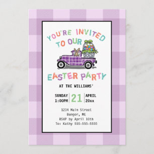Osterparty im lila Gingham-Look mit altem LKW Einladung