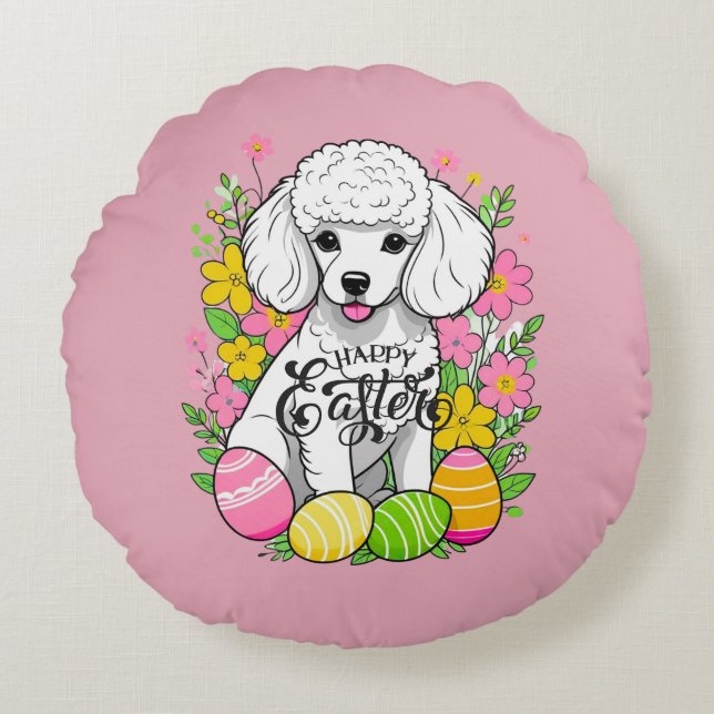 Osterpoodle mit Blume Rundes Kissen (Vorderseite)