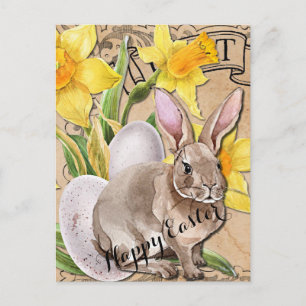Osterpostkarte mit Vintage-Blumen und Kaninchen Postkarte