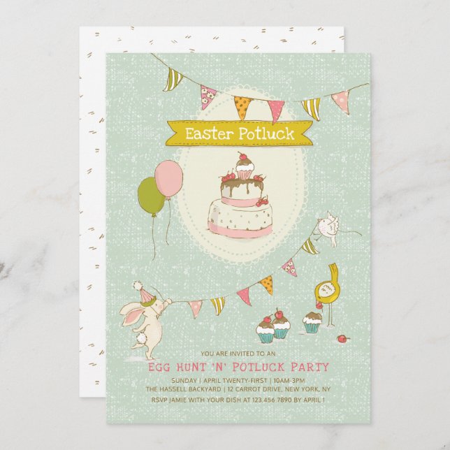 Osterpotluck Ei Hunt Party Einladung (Vorne/Hinten)