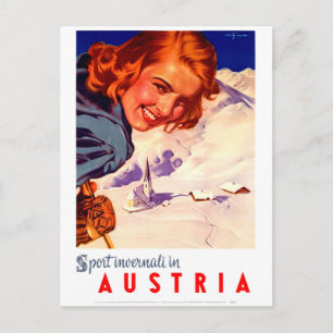 Österreich, glückliche Frau auf Ski, Vintage Postkarte