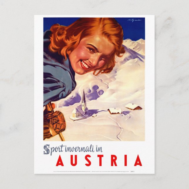 Österreich, glückliche Frau auf Ski, Vintage Postkarte (Vorderseite)