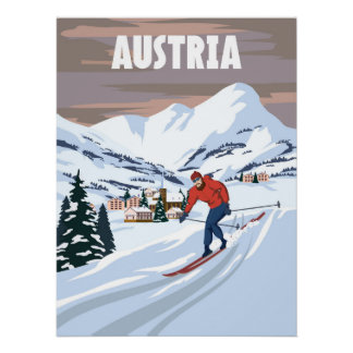 Österreich Skigebiet Poster, Retro. Alpes Winter Poster