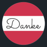 Österreichische Flag Colors Danke Runder Aufkleber<br><div class="desc">Danke an Danke an die deutsche Sprache, Danke für Ihre Nachricht in den Farben der österreichischen Flagge. Sie können den modernen monoline-whimsikkalkalligraphischen Stil ändern, um Ihre eigene Textnachricht zu erstellen. Probieren Sie einen anderen Schriftart Stil, Größe und Farbe und personalisieren Sie das Textdesign, um Ihre eigenen typografischen Aufkleber zu machen....</div>