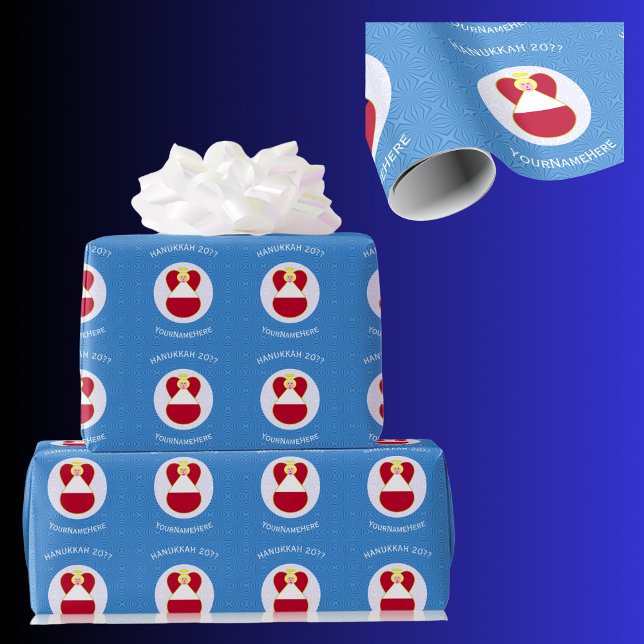 Österreichische Flagge Hanukkah Angel Personalisie Geschenkpapier (Hanukkah gift wrapping paper with angel dressed in Austrian flag. White text for name, year, holiday)
