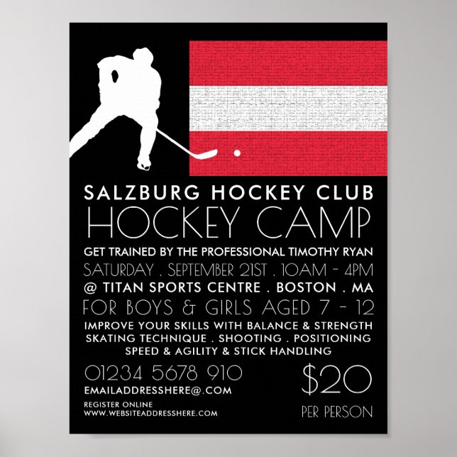 Österreichische Flagge, Hockey-Spieler, Camp-Werbu Poster (Vorne)