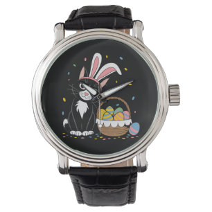 Osterschwarze Katze Tuxedo Kaninchen Bunny Ears Ei Armbanduhr