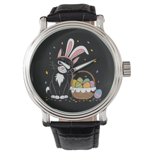 Osterschwarze Katze Tuxedo Kaninchen Bunny Ears Ei Armbanduhr (Vorderseite)