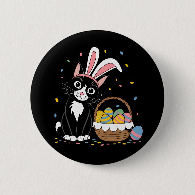 Osterschwarze Katze Tuxedo Kaninchen Bunny Ears Ei Button (Vorderseite)