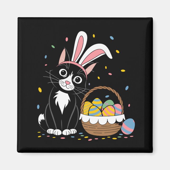 Osterschwarze Katze Tuxedo Kaninchen Bunny Ears Ei Magnet (Vorne)
