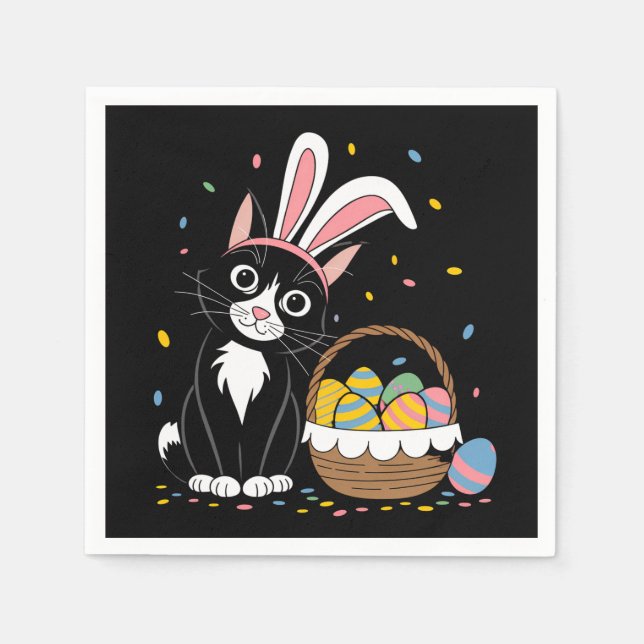 Osterschwarze Katze Tuxedo Kaninchen Bunny Ears Ei Serviette (Vorderseite)