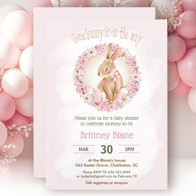 Ostersonne Elegant Rosa Bläsernchen Kinderdusche Einladung (Easter Bunny Elegant Pink Floral Girl Baby Shower Invitation)