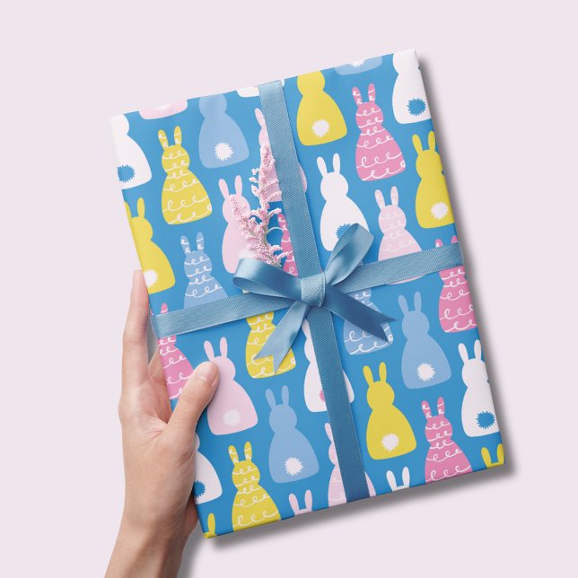 Ostersonnenhasen Blaues Muster Geschenkpapier (Cute kids bunny rabbit wrapping paper, perfect for baby shower, easter or girls birthday.)
