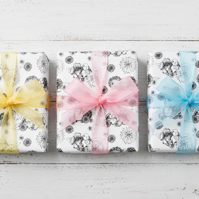 Ostersonnige Frühlingsblumenmuster Geschenkpapier Set (Cute Easter Bunnies Wrapping Paper in Black and White for Kids Easter Basket or Egg Hunt)