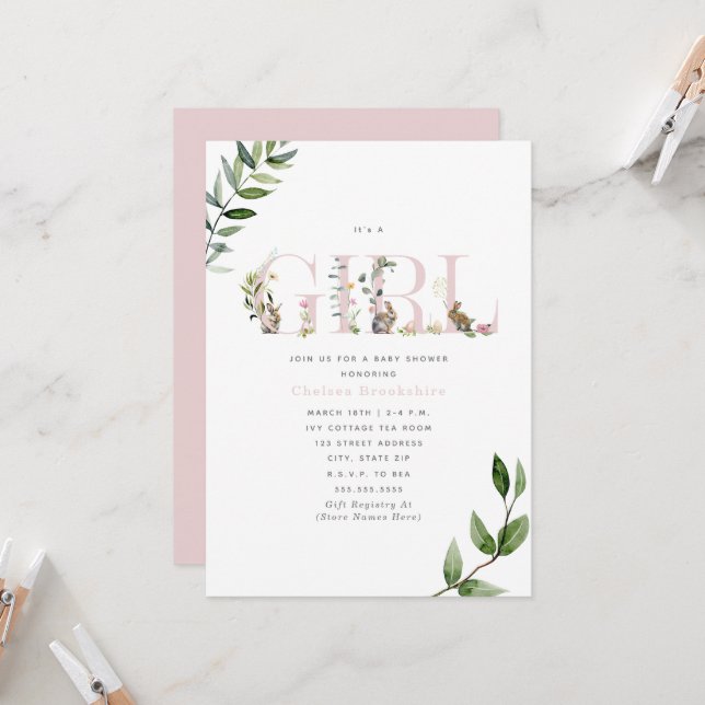 Ostersonnige Kanincheneier Floral Girl Babydusche Einladung (Vorderseite/Rückseite Beispiel)