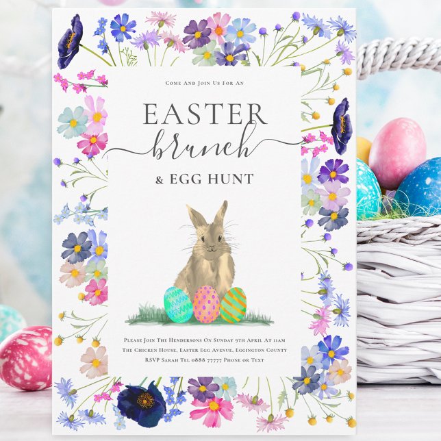 Ostersonntags-Brunch & Ostereiersuche Einladung (Easter bunny egg hunt and wildflower spring party invitation Watercolor wildflowers)