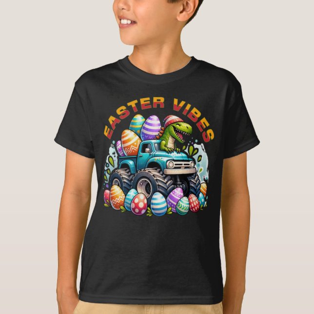 Ostervibes Dino auf Monster Truck mit Ostereier T-Shirt (Vorderseite)
