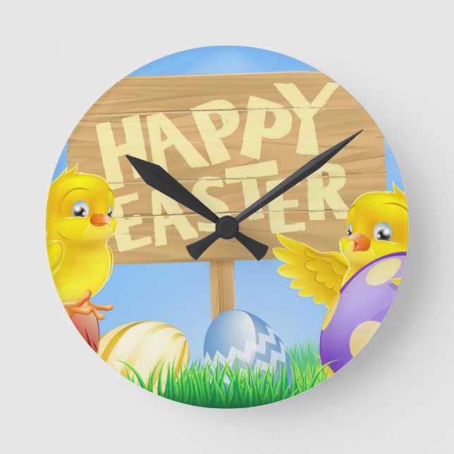 Ostervögel und Eier mit Schild Runde Wanduhr (Vorderseite)