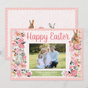 Ostervorfoto Familie mit Hase Floral Rosa Karte