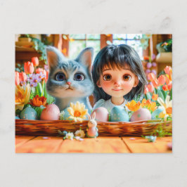 Ostervormittag mit Tulips und Katze Feiertagspostkarte