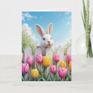 Osterweißer Hase in Tulpen Karte