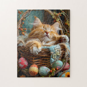 Osterzeit Süße Katze schlafend im Weidenkorb Puzzle