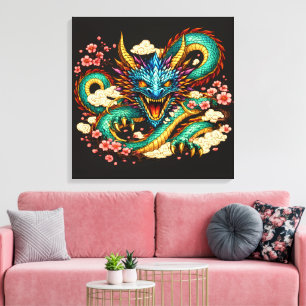Östlicher Drache & Kirschblüten Fantasy-Kunst Leinwanddruck