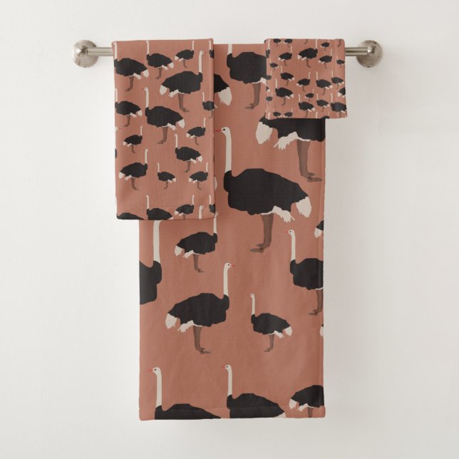 Ostrich Bird Illustration Pattern Badhandtuch Set (Insitu)