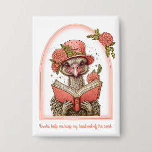 Ostrich Reading a Book Head Out of the Sand Button