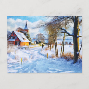 Ostseedorf im Winter. Mann geht. Kunst Postkarte