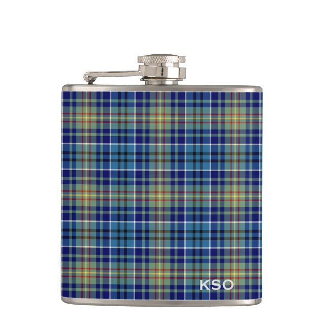 O'Sullivan Tartan Monogram Blue und Green Kariert Flachmann (Vorderseite)