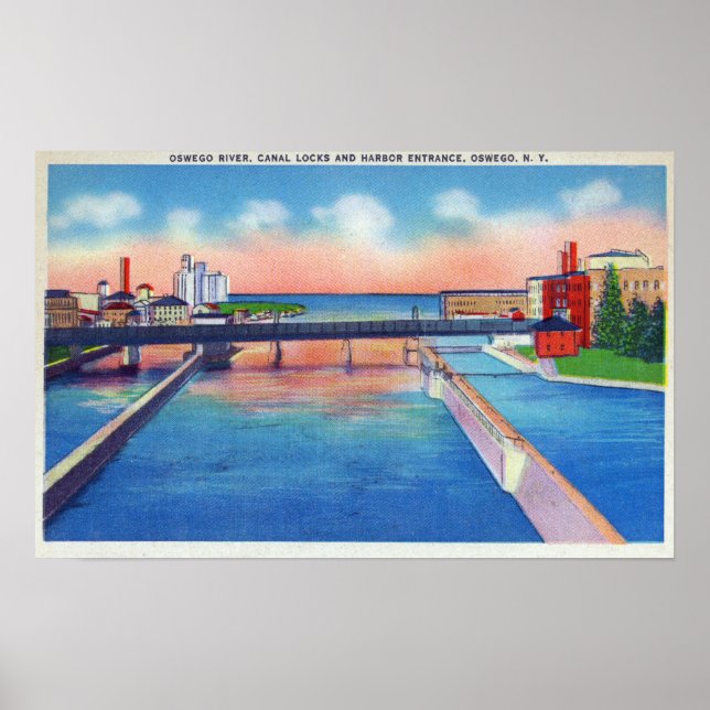 Oswego River View of Canal Locks & Harbour Poster (Vorne)