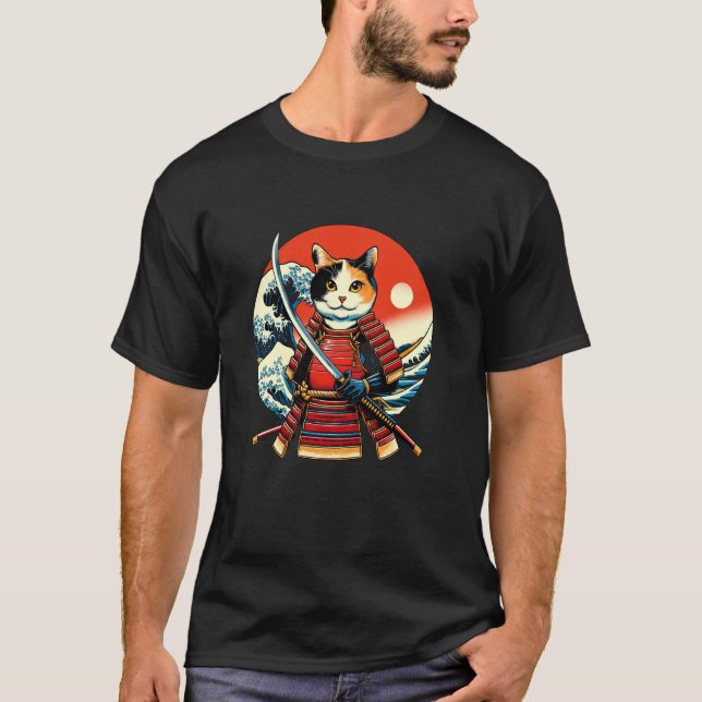 Otaku Dreifarbene Samurai-Katze T-Shirt (Vorderseite)