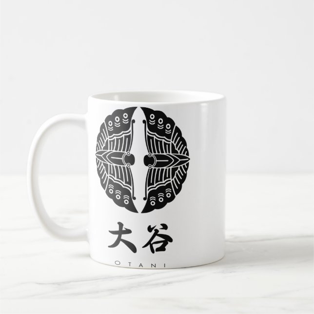 Otani Clan kamon mit Clan-Namen Kaffeetasse (Links)