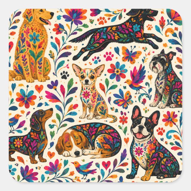 Otomi Art Hund  Quadratischer Aufkleber (Vorderseite)