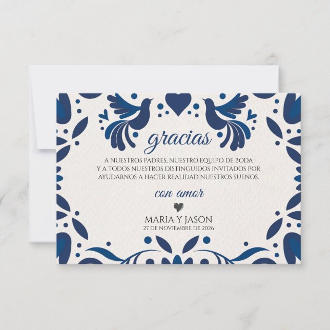Otomi Blue Floral Elegant Fiesta Spanish Wedding Dankeskarte (Vorderseite)