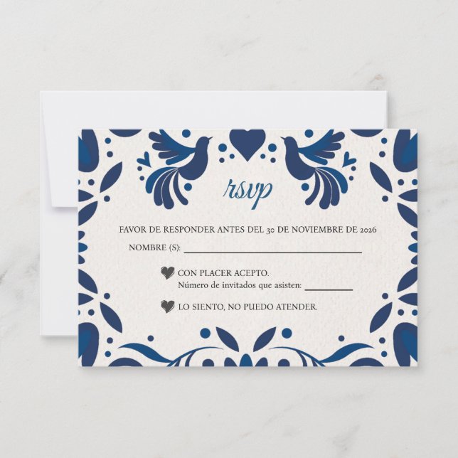 Otomi Blue Floral Elegant Fiesta Spanish Wedding RSVP Karte (Vorderseite)