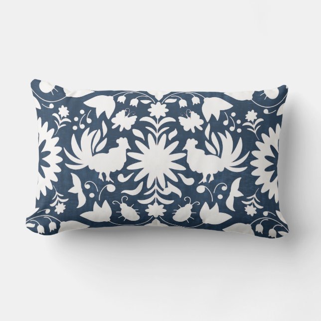 Otomi Druck, Marine-Blau u. Weiß Boho Wurfs-Kissen Lendenkissen (Vorderseite)