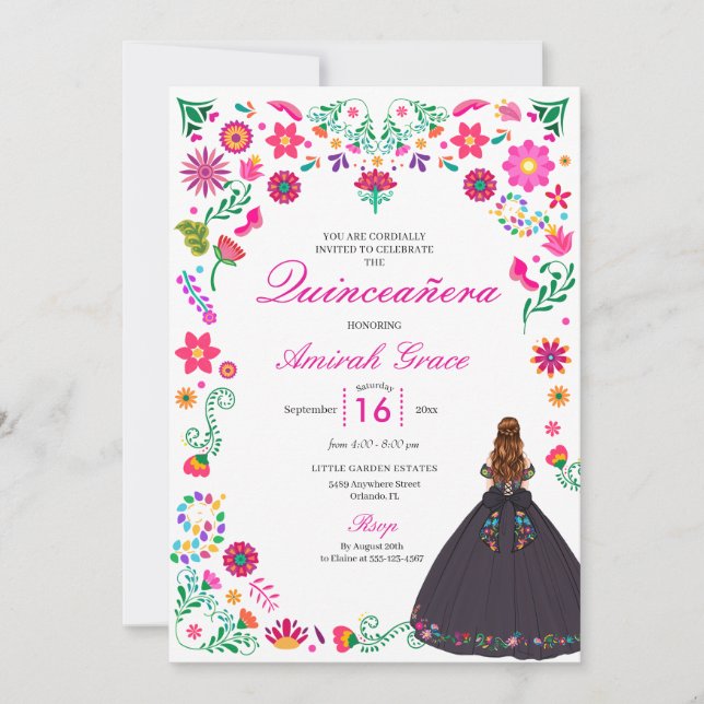 Otomi mexikanische Stickerei Quinceañera Einladung (Vorderseite)
