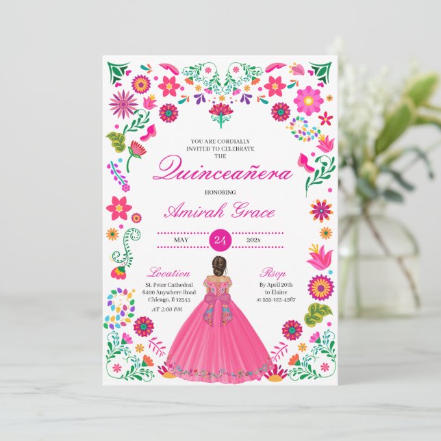 Otomi Stickerei Prinzessin Quinceañera Einladung (Stehend Vorderseite)