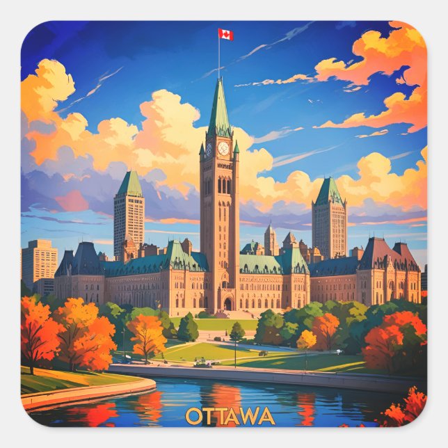 Ottawa Canada Parliament Building, City Skyline Quadratischer Aufkleber (Vorderseite)