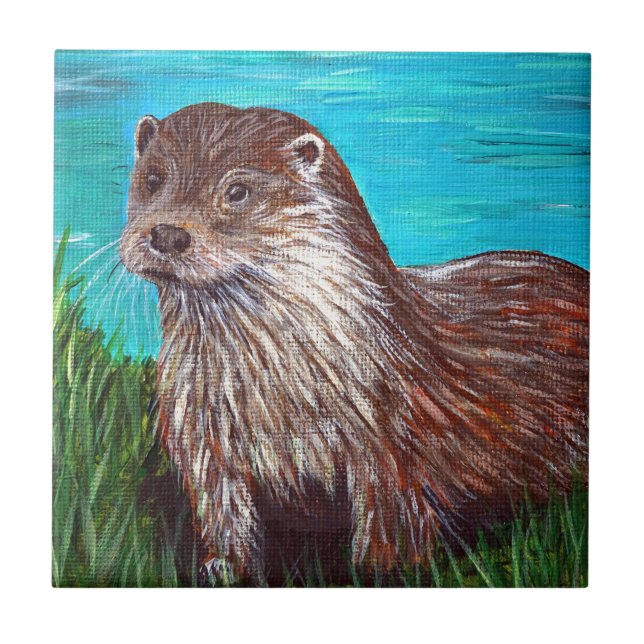 Otter an einem Fluss Malerei Fliese (Vorderseite)