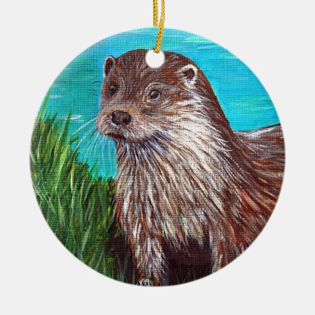 Otter an einem Fluss Malerei Keramik Ornament (Vorne)